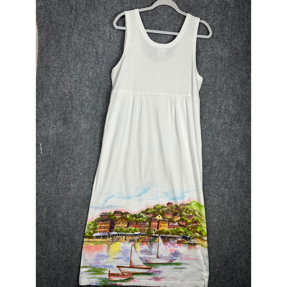 Maze Womens Coastal Watercolor Graphic Maxi Dress White Medium M Cotton Pockets - Picture 10 of 13